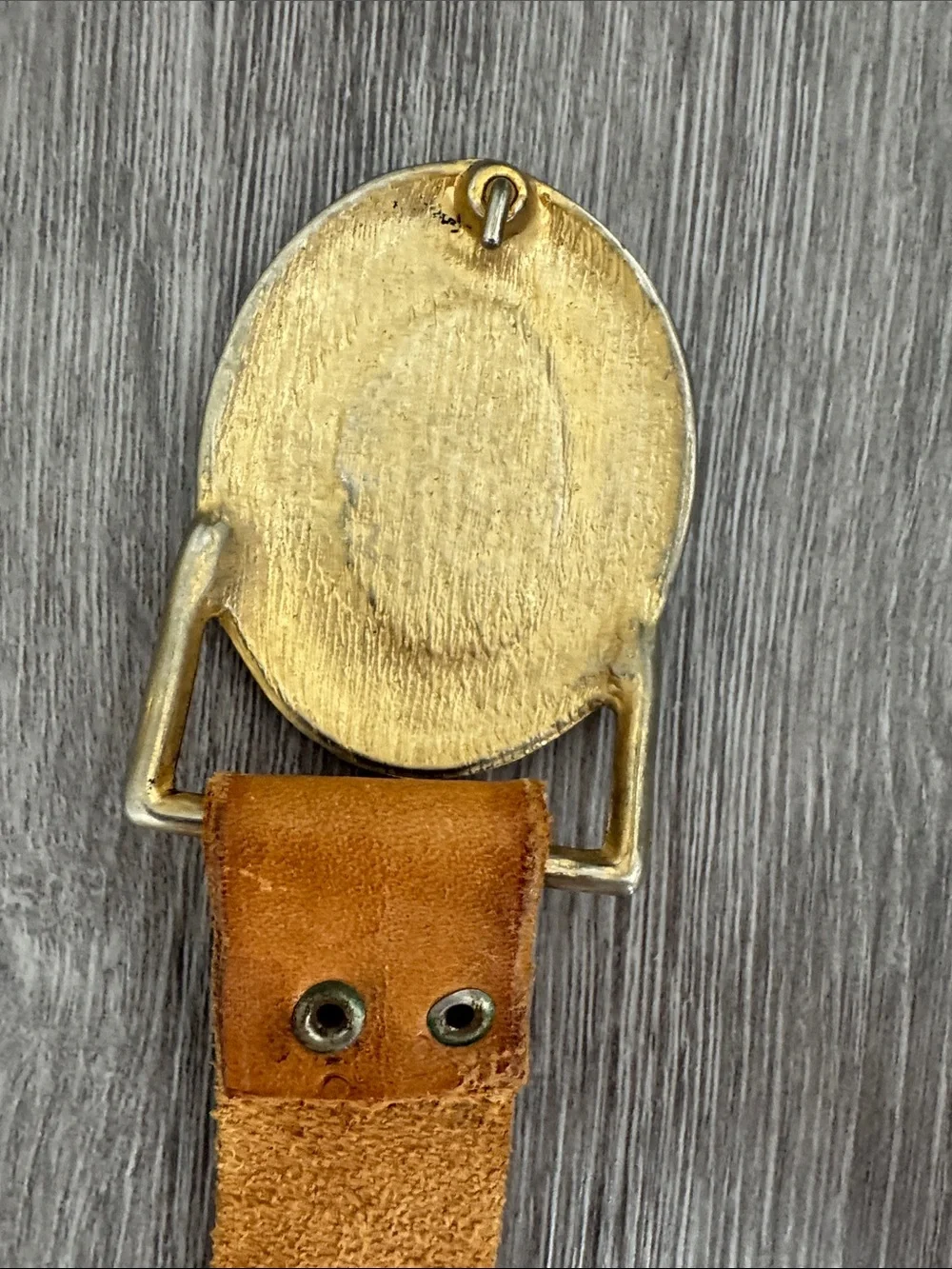 Vintage Handmade Tan Leather Belt with Gold & Red Sunburst Buckle